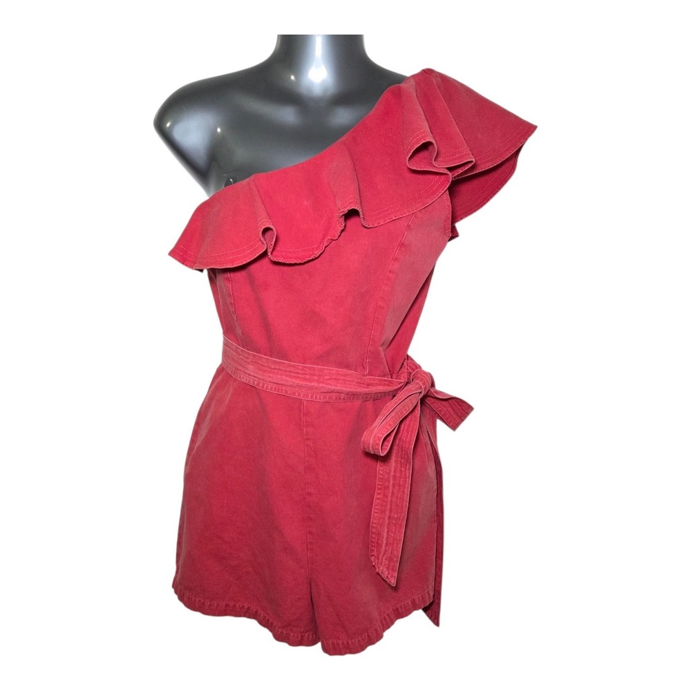 En Saison One Shoulder Ruffle Romper Women's Small Coral Pink Belted Tie Waist